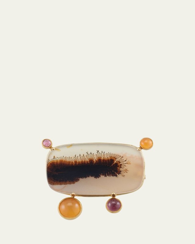 Dendritic Agate, Pink Tourmaline, and Carnelian Pin in 18K Yellow Gold
